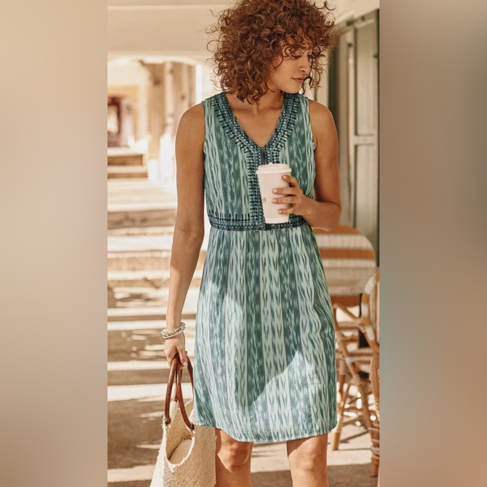 J. Jill Green Blue Ikat Print Sleeveless V-Neck Dress LP Resort Boho Dress
